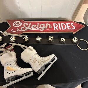 NWT St. Nicholas Square Ice Skates Decor, Sleigh Rides Wood Sign, Sleigh Bells
